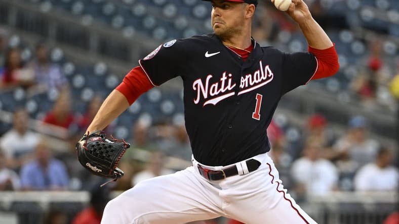Aug 16, 2023; Washington, District of Columbia, USA; Washington Nationals starting pitcher MacKenzie Gore (1) throws to the Boston Red Sox during the first inning at Nationals Park. Mandatory Credit: Brad Mills-USA TODAY Sports
