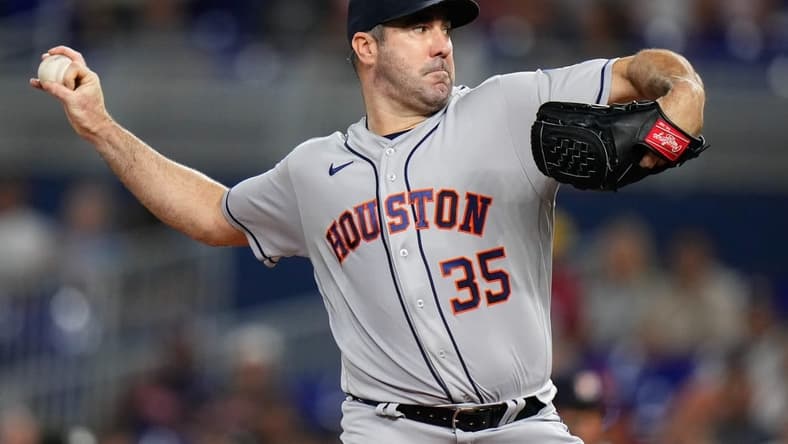 Aug 16, 2023; Miami, Florida, USA; Houston Astros starting pitcher Justin Verlander (35) throws a pitch against the Miami Marlins during the first inning at loanDepot Park. Mandatory Credit: Rich Storry-USA TODAY Sports