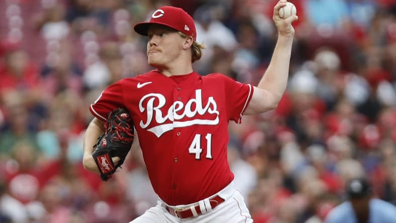 Aug 16, 2023; Cincinnati, Ohio, USA; Cincinnati Reds starting pitcher Andrew Abbott (41) throws against the Cleveland Guardians during the first inning at Great American Ball Park. Mandatory Credit: David Kohl-USA TODAY Sports