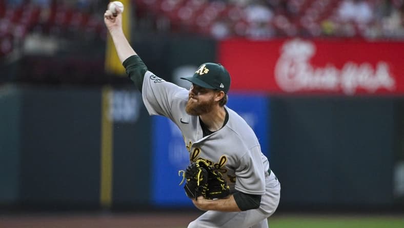 Aug 16, 2023; St. Louis, Missouri, USA;  Oakland Athletics starting pitcher Paul Blackburn (58) pitches against the St. Louis Cardinals during the sixth inning at Busch Stadium. Mandatory Credit: Jeff Curry-USA TODAY Sports