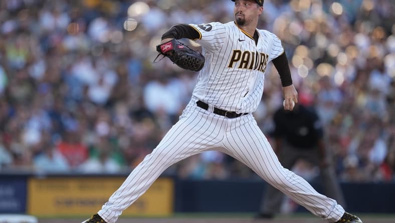 Aug 16, 2023; San Diego, California, USA;  San Diego Padres starting pitcher Blake Snell (4) throws a pitch against the Baltimore Orioles during the first inning at Petco Park. Mandatory Credit: Ray Acevedo-USA TODAY Sports