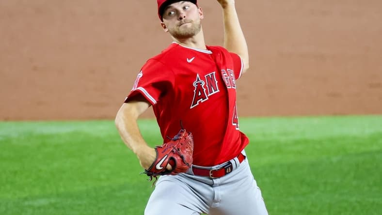 Aug 16, 2023; Arlington, Texas, USA;  Los Angeles Angels starting pitcher Reid Detmers (48) throws during the first inning against the Texas Rangers at Globe Life Field. Mandatory Credit: Kevin Jairaj-USA TODAY Sports
