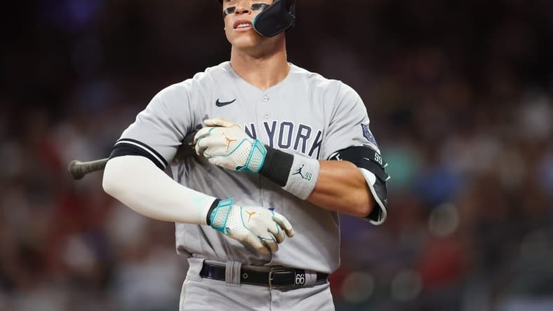 Aug 16, 2023; Atlanta, Georgia, USA; New York Yankees designated hitter Aaron Judge (99) reacts after a foul ball against the Atlanta Braves in the ninth inning at Truist Park. Mandatory Credit: Brett Davis-USA TODAY Sports