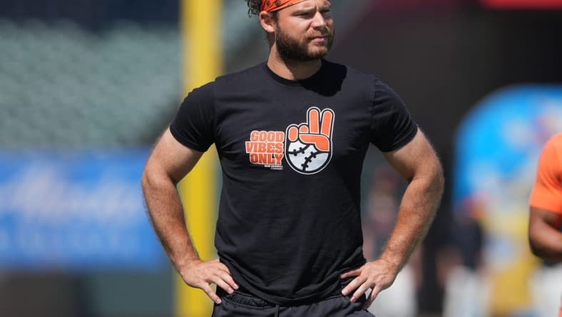 Aug 12, 2023; San Francisco, California, USA; San Francisco Giants shortstop Brandon Crawford (35) stands on the field before the game against the Texas Rangers at Oracle Park. Mandatory Credit: Darren Yamashita-USA TODAY Sports