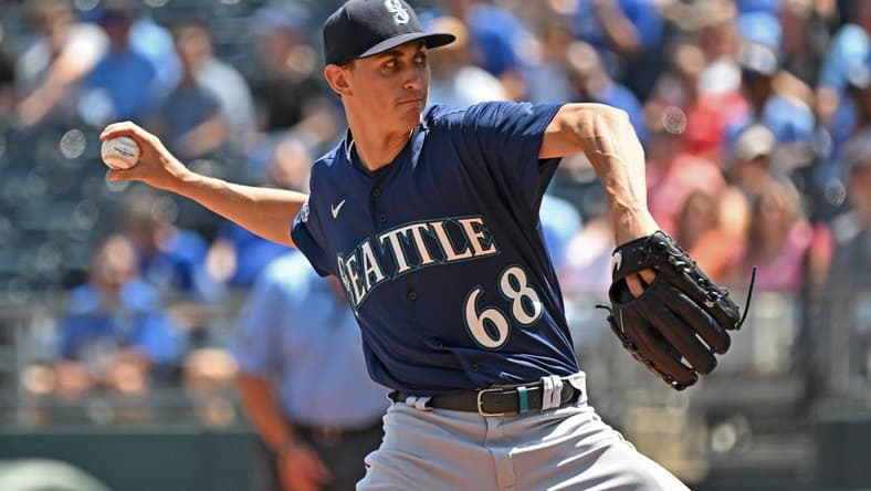 Aug 17, 2023; Kansas City, Missouri, USA;  Seattle Mariners starting pitcher George Kirby (68) delivers a pitch in the first inning against the Kansas City Royals at Kauffman Stadium. Mandatory Credit: Peter Aiken-USA TODAY Sports