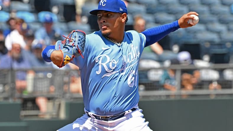 Aug 17, 2023; Kansas City, Missouri, USA;  Kansas City Royals starting pitcher Angel Zerpa (61) delivers a pitch in the first inning against the Seattle Mariners at Kauffman Stadium. Mandatory Credit: Peter Aiken-USA TODAY Sports