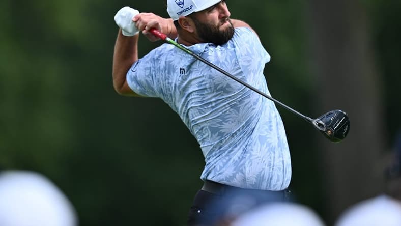 Aug 17, 2023; Olympia Fields, Illinois, USA; Jon Rahm tees off from the 7th tee during the first round of the BMW Championship golf tournament. Mandatory Credit: Jamie Sabau-USA TODAY Sports