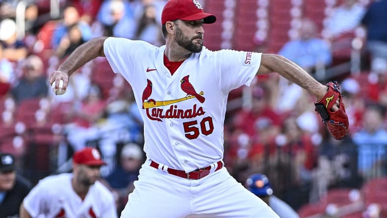 Aug 17, 2023; St. Louis, Missouri, USA;  St. Louis Cardinals starting pitcher Adam Wainwright (50) pitches against the New York Mets during the first inning at Busch Stadium. Mandatory Credit: Jeff Curry-USA TODAY Sports