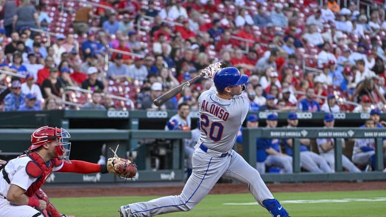 Aug 17, 2023; St. Louis, Missouri, USA;  New York Mets first baseman Pete Alonso (20) hits a two run home run against the St. Louis Cardinals during the fourth inning at Busch Stadium. Mandatory Credit: Jeff Curry-USA TODAY Sports