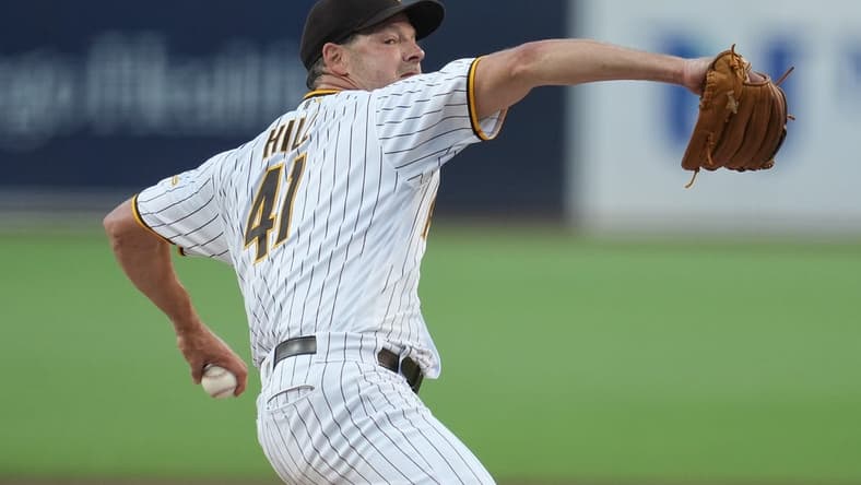 Aug 17, 2023; San Diego, California, USA;  San Diego Padres starting pitcher Rich Hill (41) throws a pitch against the Arizona Diamondbacks during the first inning at Petco Park. Mandatory Credit: Ray Acevedo-USA TODAY Sports