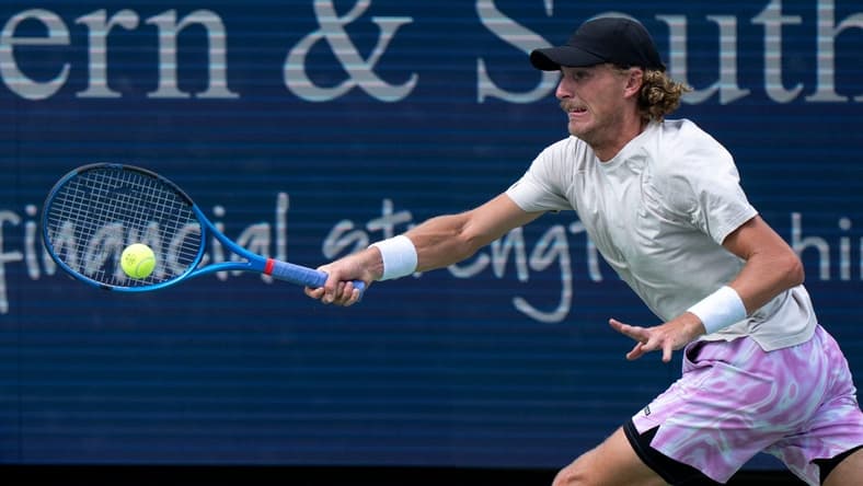 Max Purcell of Australia, hits a forehand to Carlos Alcaraz of Spain during the quarterfinals of the Western & Southern Open at the Lindner Family Tennis Center in Mason Friday, August, 18, 2023.