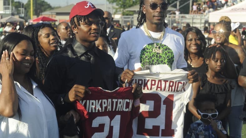 Gadsden City high football safety Dre Kirkpatrick commits to Alabama during a ceremony at the school, following his fathers footsteps on Friday, August 18, 2023.