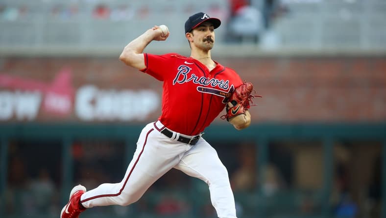 Aug 18, 2023; Atlanta, Georgia, USA; Atlanta Braves starting pitcher Spencer Strider (99) throws against the San Francisco Giants in the first inning at Truist Park. Mandatory Credit: Brett Davis-USA TODAY Sports