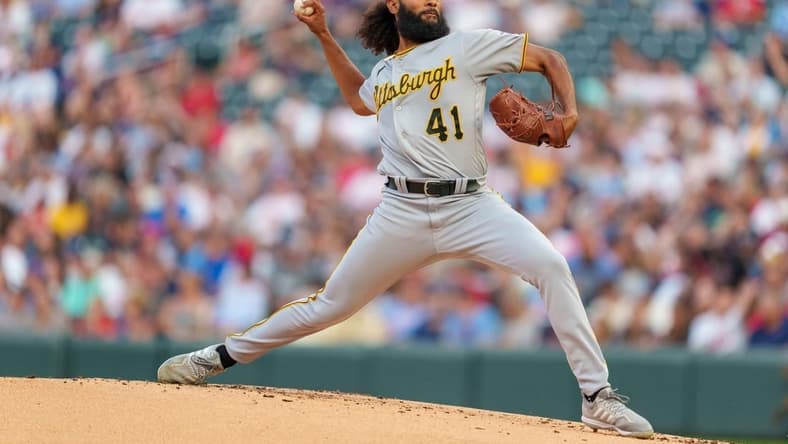 Aug 18, 2023; Minneapolis, Minnesota, USA; Pittsburgh Pirates starting pitcher Andre Jackson (41) pitches in the first inning against the Minnesota Twins at Target Field. Mandatory Credit: Matt Blewett-USA TODAY Sports