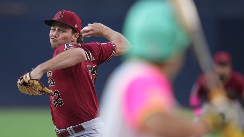 Aug 18, 2023; San Diego, California, USA; Arizona Diamondbacks starting pitcher Brandon Pfaadt (32) throws a pitch against the San Diego Padres during the first inning at Petco Park. Mandatory Credit: Ray Acevedo-USA TODAY Sports