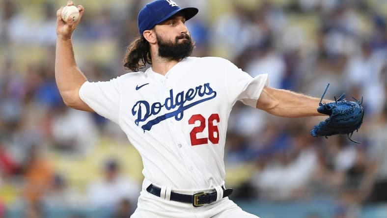 Aug 18, 2023; Los Angeles, California, USA; Los Angeles Dodgers starting pitcher Tony Gonsolin (26) throws a pitch against the Miami Marlins during the first inning at Dodger Stadium. Mandatory Credit: Jonathan Hui-USA TODAY Sports