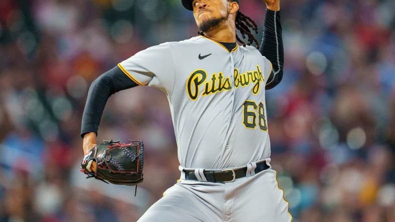 Aug 18, 2023; Minneapolis, Minnesota, USA; Pittsburgh Pirates relief pitcher Angel Perdomo (68) pitches to the Minnesota Twins in the bottom of the seventh inning at Target Field. Mandatory Credit: Matt Blewett-USA TODAY Sports