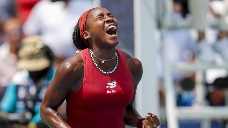 Aug 19, 2023; Mason, OH, USA; Coco Gauff (USA) reacts to winning the match over Iga Swiatek (POL) during the Western and Southern Open tennis tournament at Lindner Family Tennis Center. Mandatory Credit: Katie Stratman-USA TODAY Sports