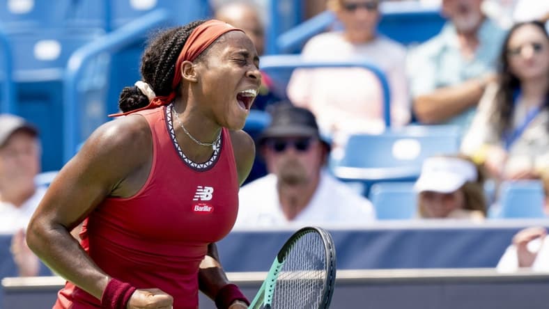 Aug 19, 2023; Mason, OH, USA; Coco Gauff, of the United States, celebrates after winning a point against Iga Swi  tek, of Poland, in their semifinal match at the Western & Southern Open at the Lindner Family Tennis Center. Mandatory Credit: Albert Cesare-USA TODAY Sports