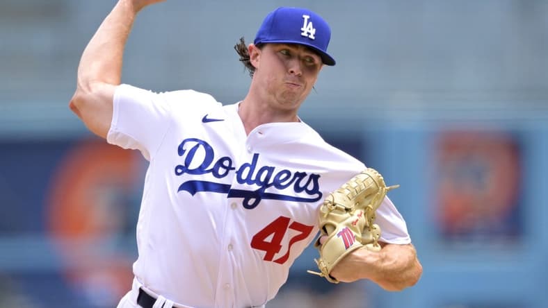 Aug 19, 2023; Los Angeles, California, USA;  Los Angeles Dodgers pitcher Ryan Pepiot (47) throws to the plate in the fourth inning against the Miami Marlins at Dodger Stadium. Mandatory Credit: Jayne Kamin-Oncea-USA TODAY Sports