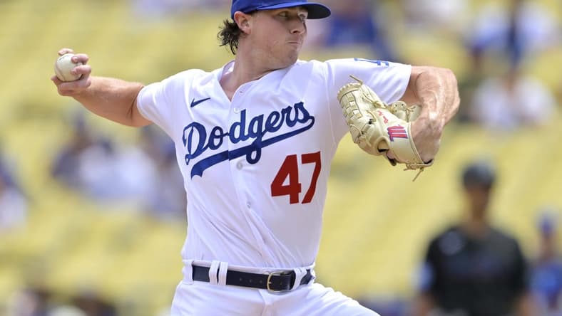 Aug 19, 2023; Los Angeles, California, USA; Los Angeles Dodgers pitcher Ryan Pepiot (47) throws to the plate in the third inning against the Miami Marlins at Dodger Stadium. Mandatory Credit: Jayne Kamin-Oncea-USA TODAY Sports