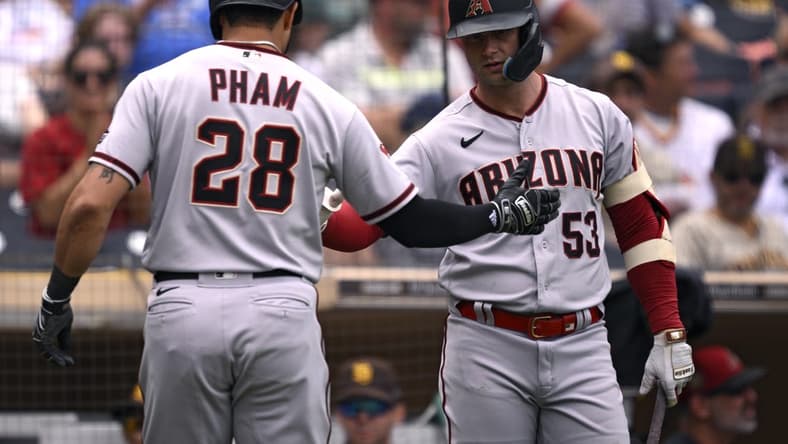 Aug 19, 2023; San Diego, California, USA; Arizona Diamondbacks designated hitter Tommy Pham (28) is congratulated by first baseman Christian Walker (53) after hitting a two-run home run against the San Diego Padres during the fifth inning at Petco Park. Mandatory Credit: Orlando Ramirez-USA TODAY Sports