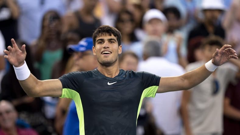 Aug 19, 2023; Mason, OH, USA; Carlos Alcaraz, of Spain, greets the crowd after defeating Hubert Hurkacz, of Poland, during the semifinal of the Western & Southern Open at the Lindner Family Tennis Center. Mandatory Credit: Albert Cesare-USA TODAY Sports