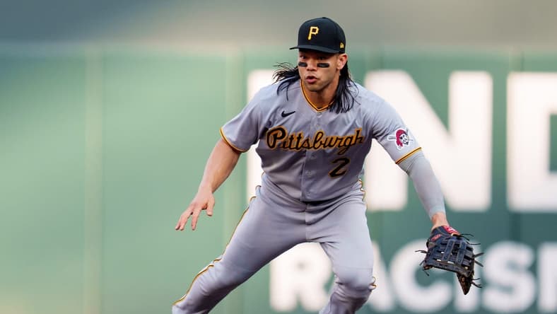 Aug 19, 2023; Minneapolis, Minnesota, USA; Pittsburgh Pirates right fielder Connor Joe (2) reacts to a hit ball against the Minnesota Twins in the first inning at Target Field. Mandatory Credit: Matt Blewett-USA TODAY Sports
