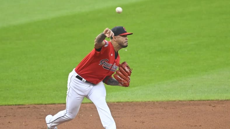 Aug 19, 2023; Cleveland, Ohio, USA; Cleveland Guardians shortstop Gabriel Arias (13) throws to first base in the second inning against the Detroit Tigers at Progressive Field. Mandatory Credit: David Richard-USA TODAY Sports