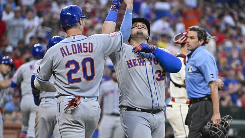 Aug 19, 2023; St. Louis, Missouri, USA;  New York Mets designated hitter Daniel Vogelbach (32) celebrates with first baseman Pete Alonso (20) after hitting a grand slam against the St. Louis Cardinals during the fifth inning at Busch Stadium. Mandatory Credit: Jeff Curry-USA TODAY Sports