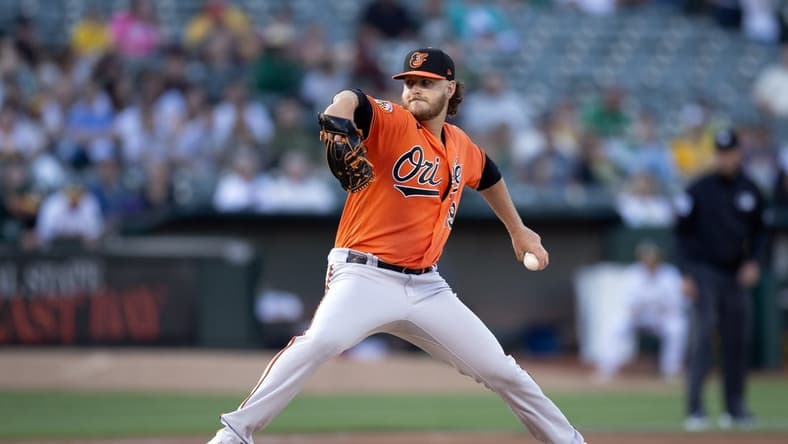 Aug 19, 2023; Oakland, California, USA; Baltimore Orioles starting pitcher Cole Irvin (19) pitches against the Oakland Athletics during the second inning at Oakland-Alameda County Coliseum. Mandatory Credit: D. Ross Cameron-USA TODAY Sports
