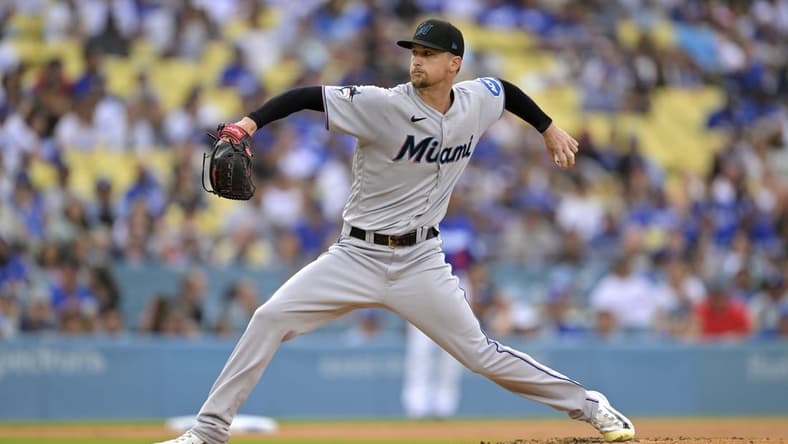 Aug 19, 2023; Los Angeles, California, USA;  Miami Marlins starting pitcher Braxton Garrett (29) throws to the plate in the first inning against the Los Angeles Dodgers at Dodger Stadium. Mandatory Credit: Jayne Kamin-Oncea-USA TODAY Sports
