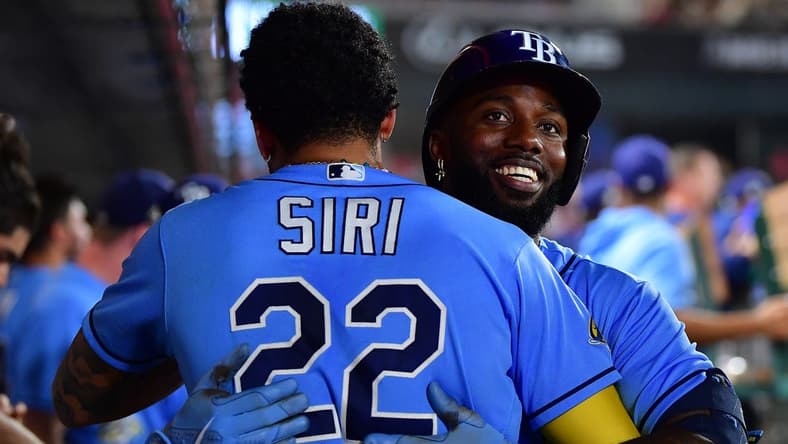 Aug 19, 2023; Anaheim, California, USA; Tampa Bay Rays left fielder Randy Arozarena (56) is greeted by center fielder Jose Siri (22) after hitting a two run home run against the Los Angeles Angels during the seventh inning at Angel Stadium. Mandatory Credit: Gary A. Vasquez-USA TODAY Sports