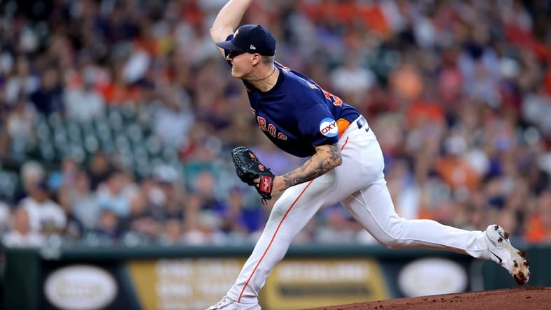 Aug 20, 2023; Houston, Texas, USA; Houston Astros starting pitcher Hunter Brown (58) delivers a pitch against the Seattle Mariners during the first inning at Minute Maid Park. Mandatory Credit: Erik Williams-USA TODAY Sports