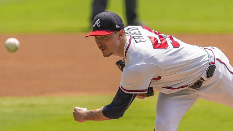 Aug 20, 2023; Cumberland, Georgia, USA; Atlanta Braves starting pitcher Max Fried (54) pitches against the San Francisco Giants during the first inning at Truist Park. Mandatory Credit: Dale Zanine-USA TODAY Sports