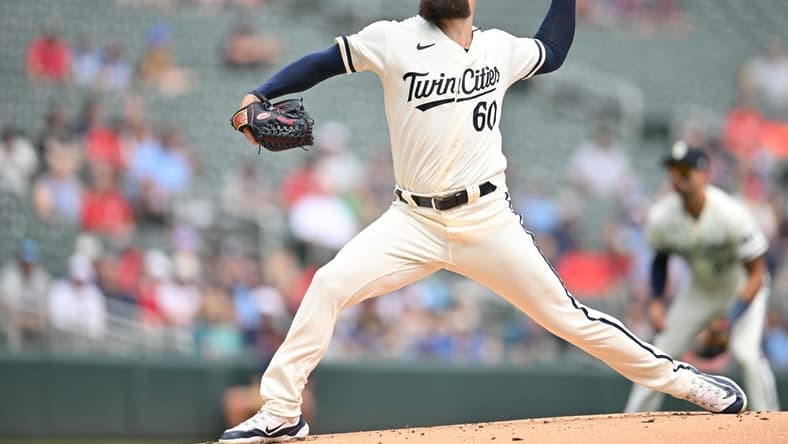 Aug 20, 2023; Minneapolis, Minnesota, USA; Minnesota Twins starting pitcher Dallas Keuchel (60) throws a pitch against the Pittsburgh Pirates during the first inning at Target Field. Mandatory Credit: Jeffrey Becker-USA TODAY Sports