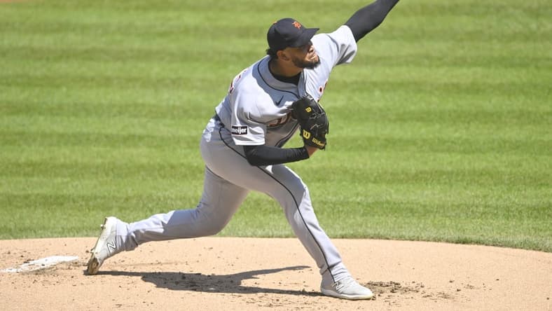 Aug 20, 2023; Cleveland, Ohio, USA; Detroit Tigers starting pitcher Eduardo Rodriguez (57) delivers a pitch in the first inning against the Cleveland Guardians at Progressive Field. Mandatory Credit: David Richard-USA TODAY Sports