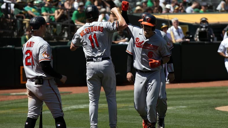 Aug 20, 2023; Oakland, California, USA; Baltimore Orioles first baseman Ryan Mountcastle (6) celebrates his three-run home run against the Oakland Athletics during the fourth inning at Oakland-Alameda County Coliseum. Mandatory Credit: D. Ross Cameron-USA TODAY Sports