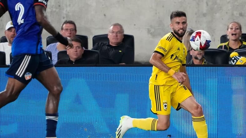 Aug 20, 2023; Columbus, Ohio, USA; Columbus Crew forward Diego Rossi (10) chases down a ball during the second half of the MLS soccer match against FC Cincinnati at Lower.com Field. The Crew won 3-0.
