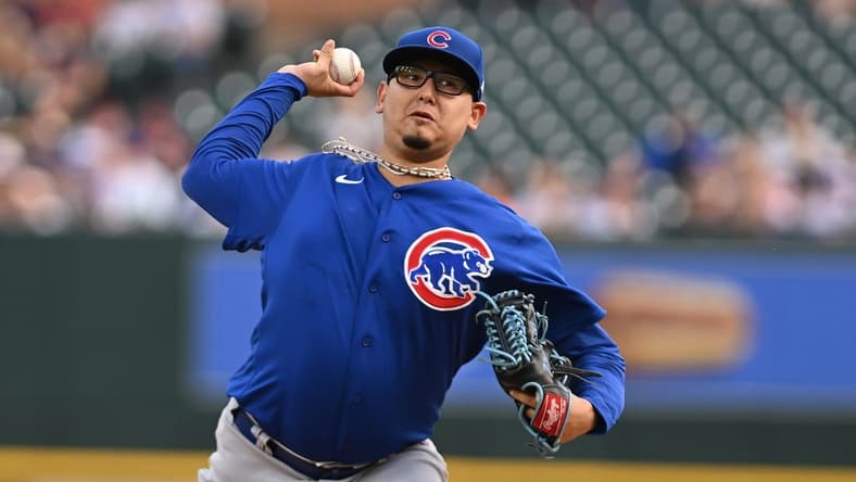 Aug 21, 2023; Detroit, Michigan, USA; Chicago Cubs starting pitcher Javier Assad (72) throws a pitch against the Detroit Tigers in the first inning at Comerica Park. Mandatory Credit: Lon Horwedel-USA TODAY Sports