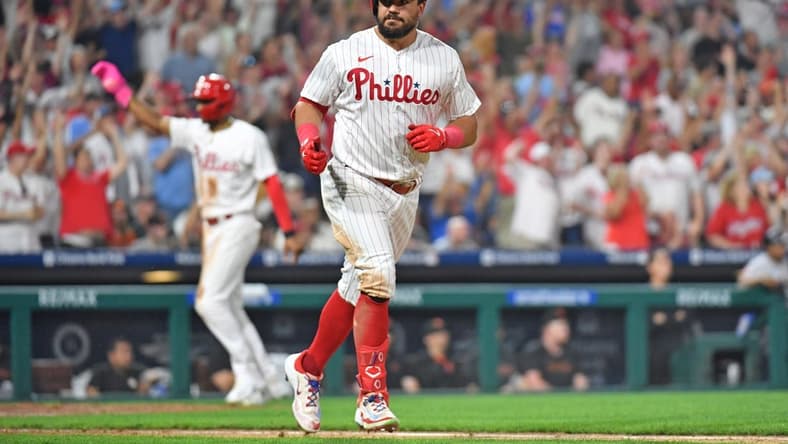 Aug 21, 2023; Philadelphia, Pennsylvania, USA; Philadelphia Phillies left fielder Kyle Schwarber (12) celebrates his two-run home run against the San Francisco Giants during the seventh inning at Citizens Bank Park. Mandatory Credit: Eric Hartline-USA TODAY Sports