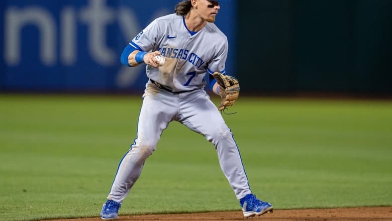 Aug 21, 2023; Oakland, California, USA;  Kansas City Royals shortstop Bobby Witt Jr. (7) throws out Oakland Athletics second baseman Zack Gelof (not pictured) during the sixth inning at Oakland-Alameda County Coliseum. Mandatory Credit: Neville E. Guard-USA TODAY Sports