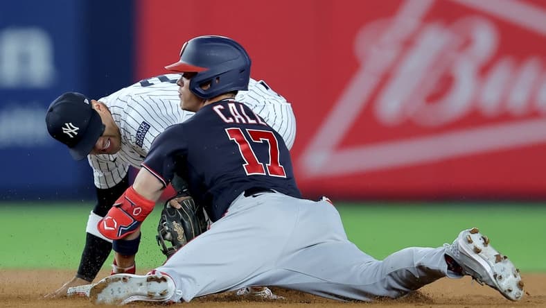 Aug 22, 2023; Bronx, New York, USA; Washington Nationals center fielder Alex Call (17) is tagged out trying to stretch a single to a double by New York Yankees second baseman Gleyber Torres (25) during the fifth inning at Yankee Stadium. Mandatory Credit: Brad Penner-USA TODAY Sports