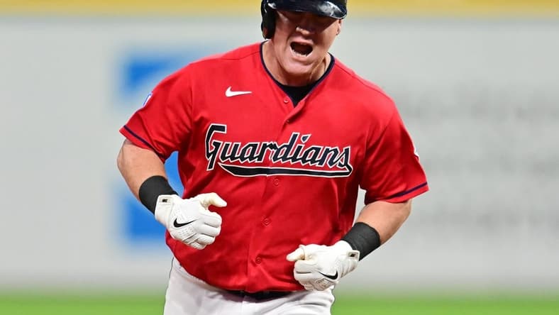 Aug 22, 2023; Cleveland, Ohio, USA; Cleveland Guardians first baseman Kole Calhoun (56) rounds the bases after hitting a home run during the seventh inning against the Los Angeles Dodgers at Progressive Field. Mandatory Credit: Ken Blaze-USA TODAY Sports