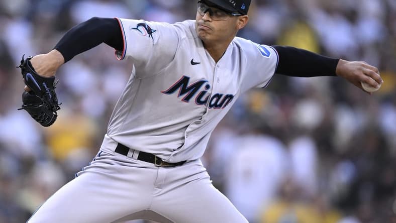 Aug 22, 2023; San Diego, California, USA; Miami Marlins starting pitcher Jesus Luzardo (44) throws a pitch against the San Diego Padres during the first inning at Petco Park. Mandatory Credit: Orlando Ramirez-USA TODAY Sports