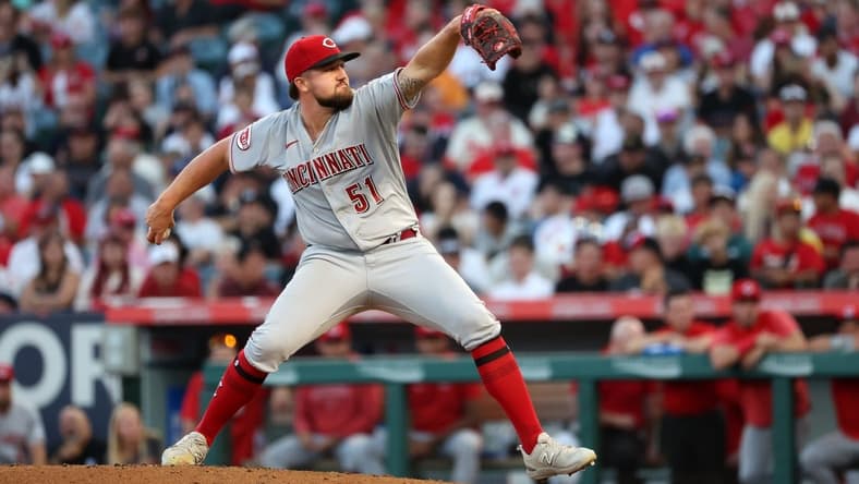 Aug 22, 2023; Anaheim, California, USA; Cincinnati Reds starting pitcher Graham Ashcraft (51) pitches during the second inning against the Los Angeles Angels at Angel Stadium. Mandatory Credit: Kiyoshi Mio-USA TODAY Sports
