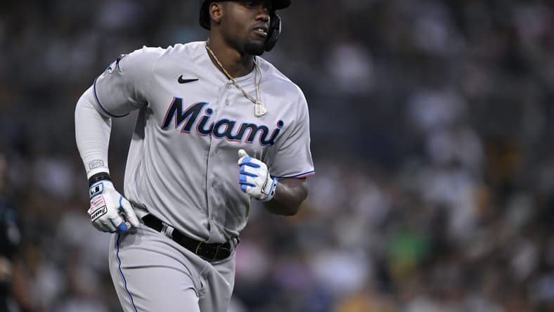 Aug 22, 2023; San Diego, California, USA; Miami Marlins designated hitter Jorge Soler (12) rounds the bases after hitting a home run against the San Diego Padres during the third inning at Petco Park. Mandatory Credit: Orlando Ramirez-USA TODAY Sports