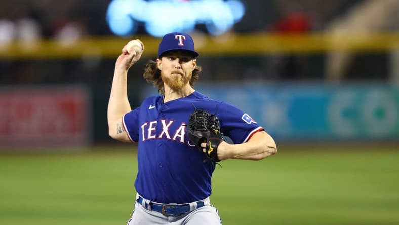 Aug 22, 2023; Phoenix, Arizona, USA; Texas Rangers pitcher Jon Gray against the Arizona Diamondbacks at Chase Field. Mandatory Credit: Mark J. Rebilas-USA TODAY Sports