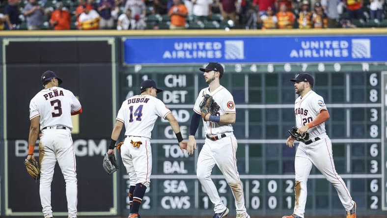 Aug 22, 2023; Houston, Texas, USA; Houston Astros right fielder Kyle Tucker (30) celebrates with teammates after the game against the Boston Red Sox at Minute Maid Park. Mandatory Credit: Troy Taormina-USA TODAY Sports