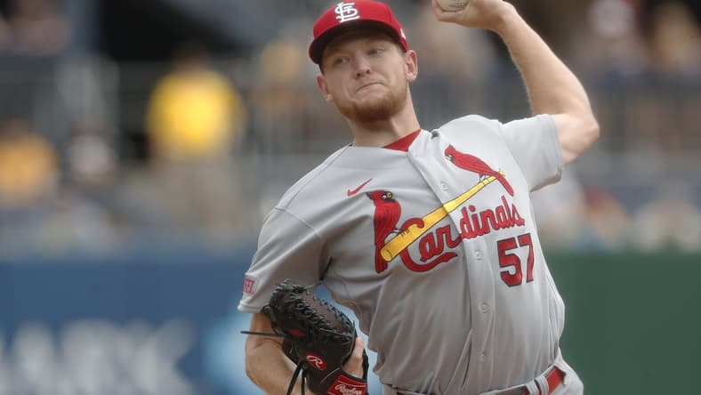 Aug 23, 2023; Pittsburgh, Pennsylvania, USA;  St. Louis Cardinals starting pitcher Zack Thompson (57) delivers a pitch against the Pittsburgh Pirates during the first inning at PNC Park. Mandatory Credit: Charles LeClaire-USA TODAY Sports